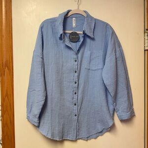 Blue Button-Up Gauze Blouse.